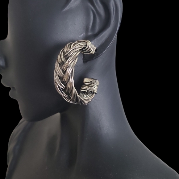 Vintage Braided Braided Silver Chunky Hoop Earrings - Picture 2 of 6